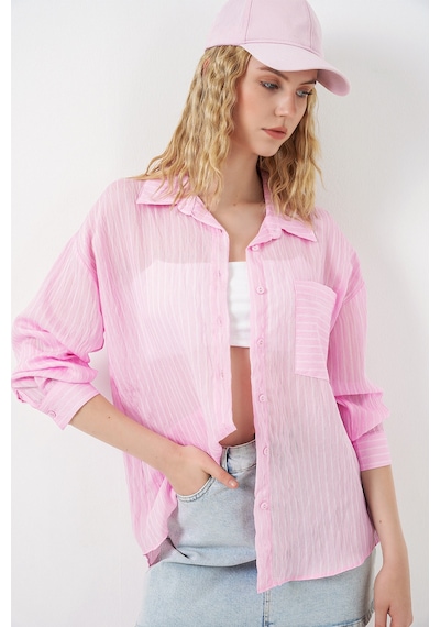 Bigdart Kadın Tek Cepli Çizgili Oversize Gömlek 20375 - Pembe