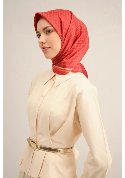 Armine Soyut Desenli Saf İpek Sura Eşarp -9301d Nar