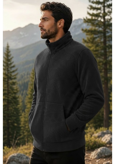 Givoria Erkek Kışlık Fermuarlı Cepli Polar Hırka Outdoor Siyah Siyah