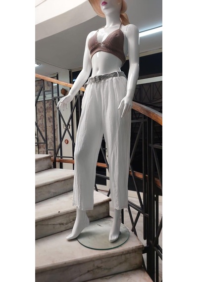 Eren Style İtalyan Kemerli Keten Pantolon-9260 Beyaz