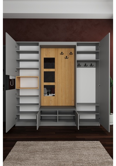Lüks Aynalı Portmanto Askılı Vestiyer %100 Mdf Çok Raflı Ayakkabılık V05 Kül Gri - Karina Lüks Aynalı Portmanto Askılı Vestiyer %100 Mdf Çok Raflı Ayakkabılık V05 Kül Gri - Karina