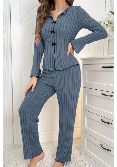 Bella Notte Mavi Uzun Kollu Fiyonk Detaylı Pijama Takımı