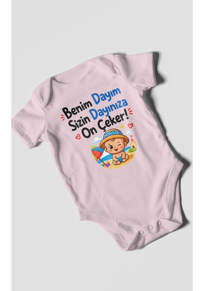 Morivokids Benim Dayım, Sizin Dayınıza On Çeker Kısa Kollu Bebek Body %100 Pamuk Bebe Pembe