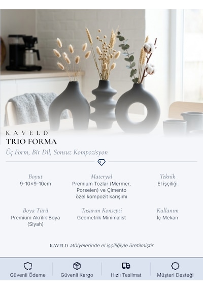 Kaveld Trio Forma El Yapımı 3'lü Dekoratif Vazo Seti, Kemer + Yığma Halka + Donut Form Mermer Tozu & Beton Minimalist Kuru Çiçek Vazosu Siyah Kaveld Trio Forma El Yapımı 3'lü Dekoratif Vazo Seti, Kemer + Yığma Halka + Donut Form Mermer Tozu & Beton Minimalist Kuru Çiçek Vazosu Siyah