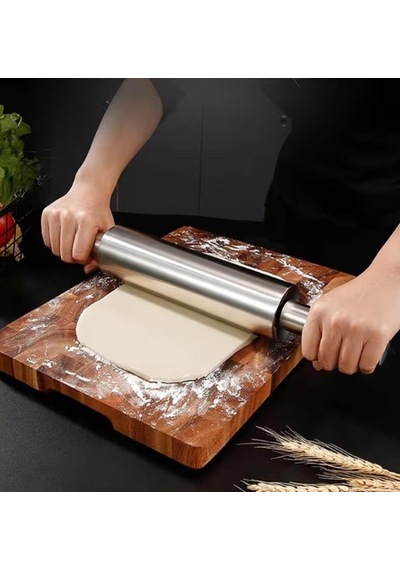 Paslanmaz Çelik Merdane - Ergonomik Döner Saplı Hamur Açma Rulosu Mutfak Şef Yardımcısı