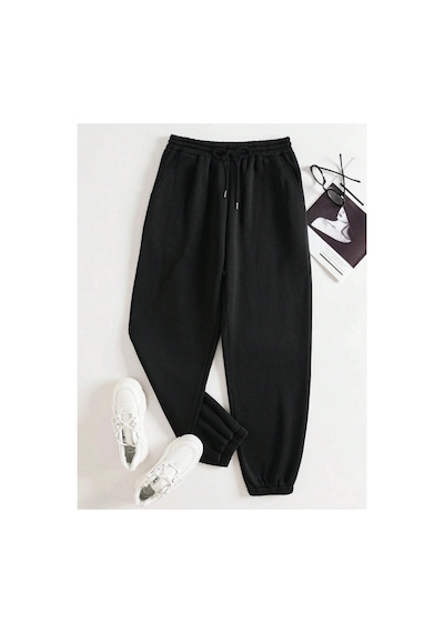 Tarzsokak Unisex Kadın/erkek Özel Renkli Düz Paça Lastik Eşofman Altı Jogger Siyah
