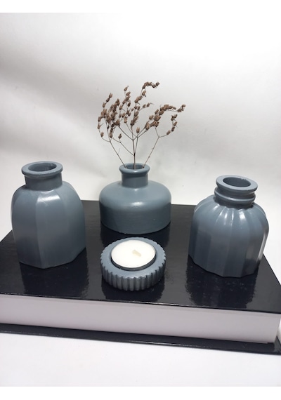 Modern Minimal Vazo Set 3'lü, Ev & Ofis Hediyelik, Dekoratif Obje, Gri