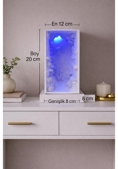 Led Işıklı 3d Okyanus Tablo Dekoratif Masa Üstü Gece La Beyaz