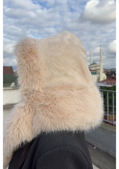 Mollycrush Kadın Bej Suni Kürk Eşarp Atkı Şapka Kışlık Sıcak Tutan Soft Peluş Model Bej