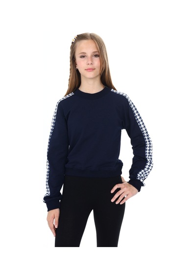 Toontoy Kız Çocuk Relax Fit Dik Yaka Düşük Omuz Kolu Garnili Sweatshirt - 2 İplik Lacivert