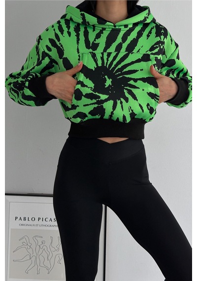 Femelle Yeşil Kapüşonlu Kanguru Cepli Renkli 3 İplik Şardonlu Crop Sweatshirt