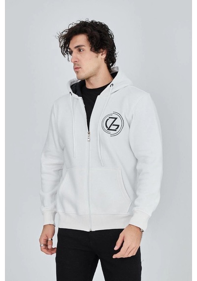 Erkek 3 İplik Pamuklu Fermuarlı Kapüşonlu Kanguru Cepli Baskılı Hoodie Hırka Sweatshirt - Beyaz