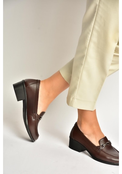 Fox Shoes Y555592003 Kahverengi Hakiki Deri Kalın Alçak Topuklu Kadın Ayakkabı