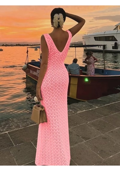 Buğrahayalin Kadın Askılı V Yakalı Uzun Triko Elbise Pembe