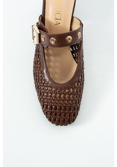 Dericia Shoes Aveline Hakiki Deri Kadın Örgülü Kalın Topuklu Terlik Kahverengi