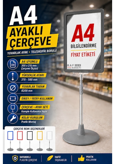 A4 Ayaklı Çerçeve Seti Yuvarlak Tabanlı Teleskopik Fiyat Etiketi Standı Gri