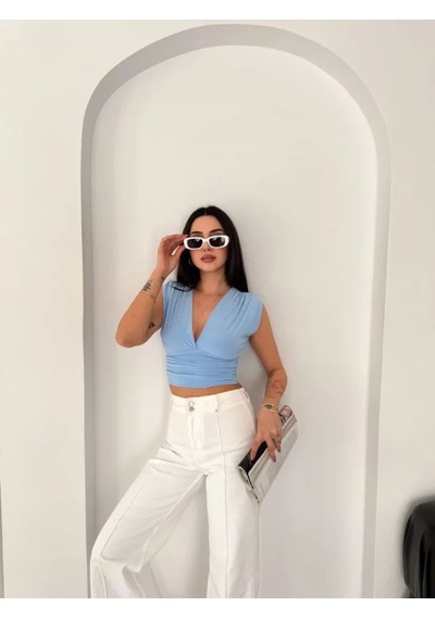 Efnaz Style Vatkalı Kolsuz V Yaka Drapeli Crop Bluz Likralı Fit - Bebek Mavisi