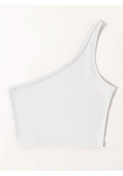 Liona Asimetrik Yaka Kolsuz Tek Omuz Askılı Beyaz Renk Fitilli Crop Top Bluz Beyaz