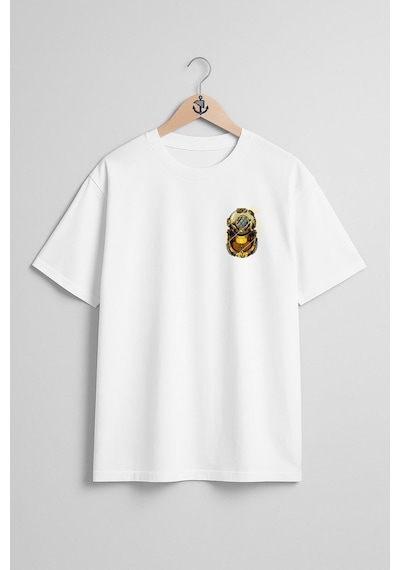 Oversize Gold Dalış Başlığı Cep Ve Sırt Tasarımlı Unisex T-shirt Beyaz