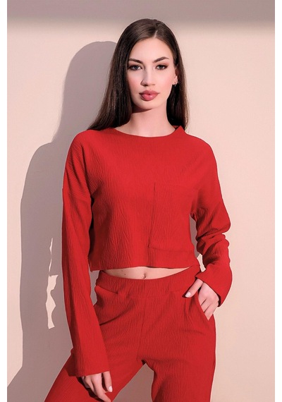 WeShaya Kadın Kırmızı Uzun Kol Kendinden Dokulu Cepli Crop Sweatshirt, Salaş Kesim Bluz Kırmızı