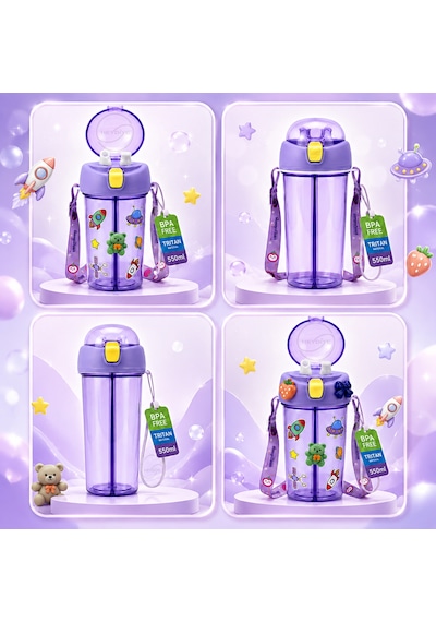 Heydiye Mâbeyn İkili Suluk 550 Ml Tritan Bpa-bps Free Matara, Çift Hazneli, Çift İçim Kapaklı, Bilek Ve Boyun Askılı, Sticker & 3d Figür Hediyeli Açık Mor