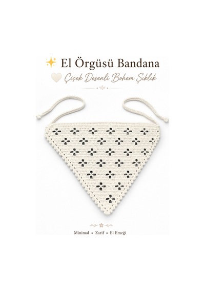El Örgüsü Çiçek Desenli Kombin Saç Bandanası Bohem Kadın Bandana Yazlık Örgü Bandana Ayarlanabilir Saç Aksesuarı Beyaz