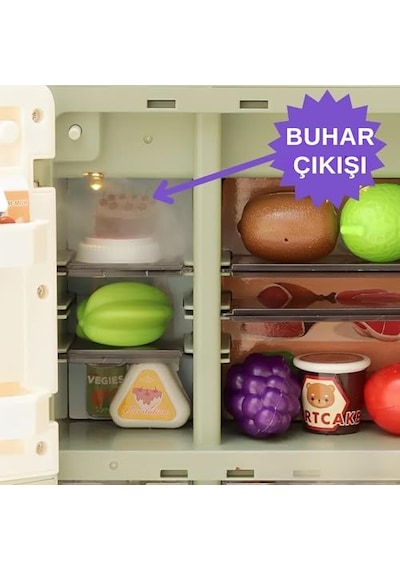 Giffy/oyuncak Buhar Efektli Buzdolabı 28 Parça Aksesuarlı Sesli Müzikli Led Işıklı Pilli Eğitici Gerçekçi Açık Gri