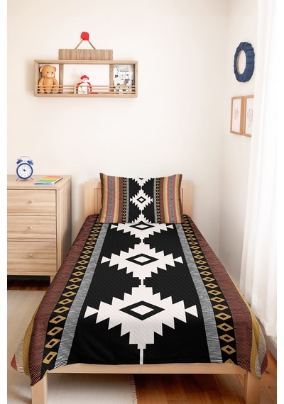 Etnik Geometrik Siyah Tek Kişilik Pike Takımı - Bohem Hardal Kiremit 160x220 Cm Yatak Örtüsü Kırık Amber Pususu