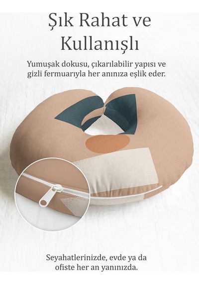 Soyut Geometrik Desenli Ergonomik Boyun Yastığı - Modern Minimal Bej Lacivert Seyahat Yastığı Sedefli Gece Mercan