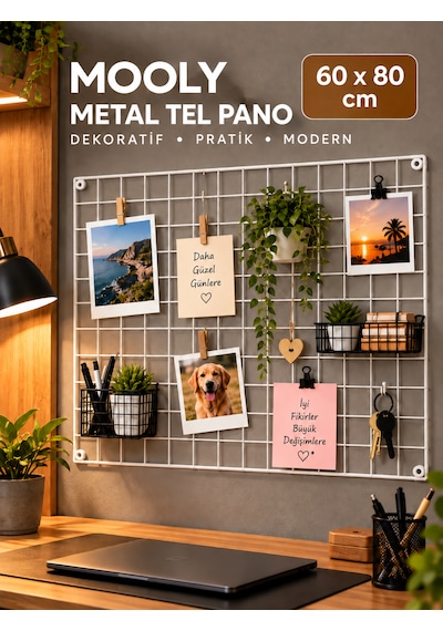 Mooly 60x80 Cm Beyaz Metal Tel Pano, Fotoğraf Askısı, 4 Adet Montaj Çivisi Hediyeli