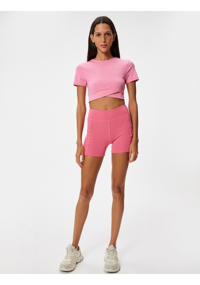 Koton Crop Spor Tişört Slim Fit Bisiklet Yaka Katlı Kısa Kollu Pembe 4sak10284nk Gül