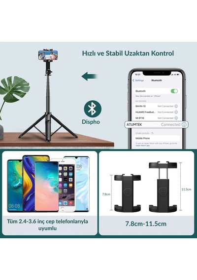 Apexel 1.5 Metre Profesyonel Uzayan Bluetooth Selfie Çubuğu Ve Tripod Standı