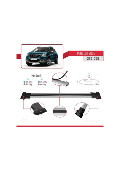 Peugeot 2008 2013-2019 Arası İle Uyumlu Fly Model Ara Atkı Tavan Barı Gri