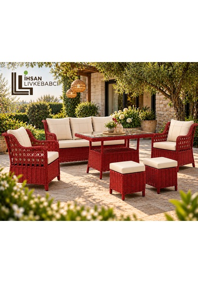 Rattan Bahçe Ve Balkon Takımı Kırmızı 3+1+1