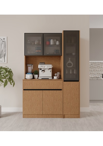 Bambu Midi Sağ Vitrinli Komple Mdf Led Aydınlatmalı Kahve Köşesi