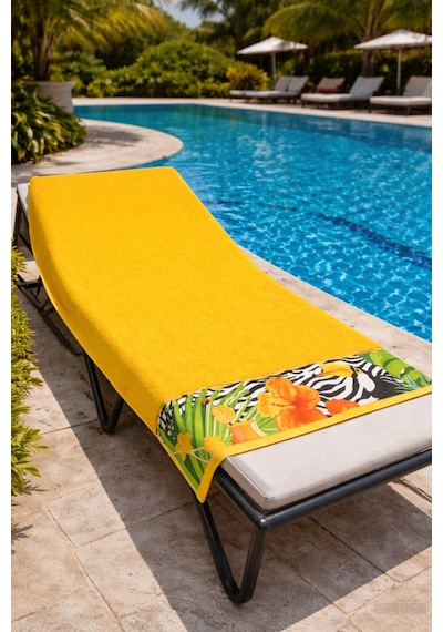 Sarı Plaj Havlusu %100 Pamuk Sertifikalı Tropik Desenli Havuz Havlusu Üstün Emici 75x150cm