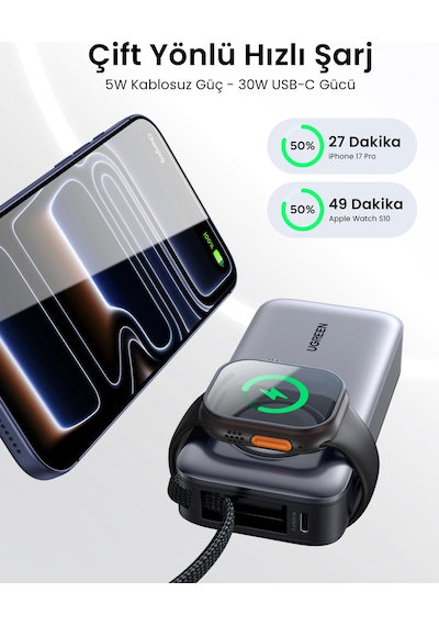 Ugreen 10.000 Mah 30w Magsafe Kablosuz Hızlı Şarj Powerbank, Apple Uyumlu Watch Şarj Destekli 5w , 55434b Gri