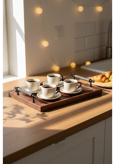 Tray - Metal Kulplu Ahşap Tepsi Sunum Tepsisi Kahve Servis Tepsisi SNPTRAY