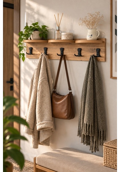 Sulorahome 5'li Duvar Askılığı Raflı Ve Kancalı Ceviz Desenli Kahverengi 80 Cm