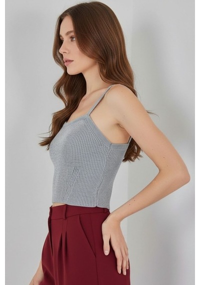 Hiccup Bdart Kare Yaka Ribana Örgü Crop Top Gri