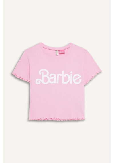 DeFacto Kız Çocuk Barbie Fitted Bisiklet Yaka Ribana Kısa Kollu Tişört E2614A825SMPN666 Pembe