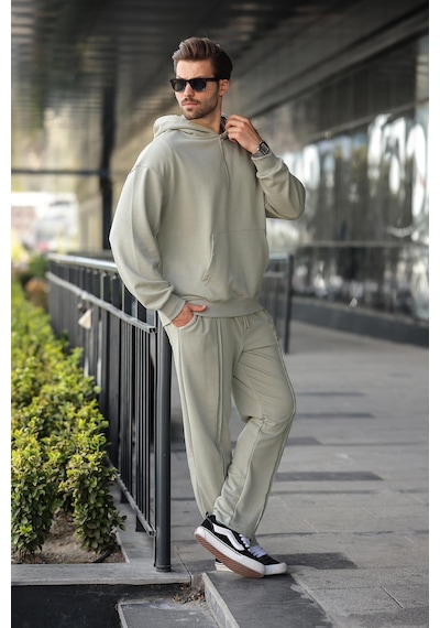 Madmext Mint Yeşili Yarım Fermuarlı Kapüşonlu Erkek Eşofman Takımı E7332 Mint Yeşili