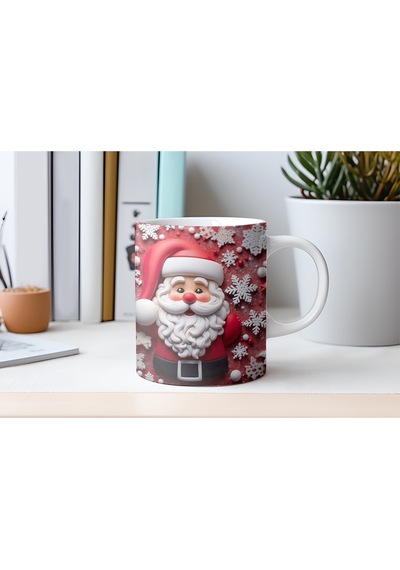 3d Görünümlü Noel Baba Kupa Bardak Kar Tanesi Desenli Kırmızı Yılbaşı Tasarım Kabartmasız Beyaz