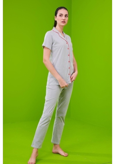 Pjs 23151 Kadın Çizgili Düğmeli Pijama Takım