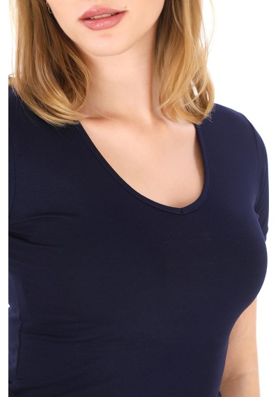 V Yaka Slim Fit Crop Tişört-lacivert Lacivert