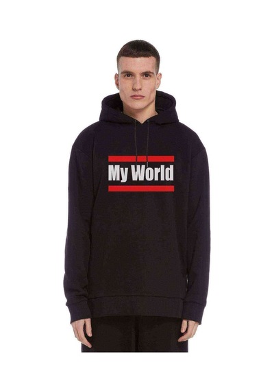 My World Baskılı Siyah Erkek Örme Kapşonlu Sweatshirt