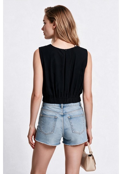 Blange Kadın Bisiklet Yaka Kolsuz Lastik Belli Crop Bluz Dökümlü Kumaş Siyah