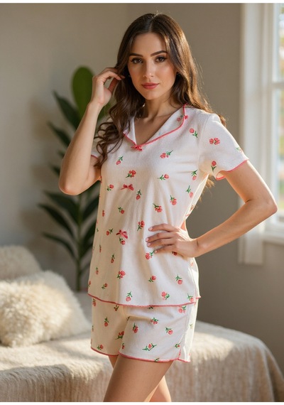 Bella Notte Ekru Çiçek Baskılı Pamuklu Şortlu Pijama Takımı