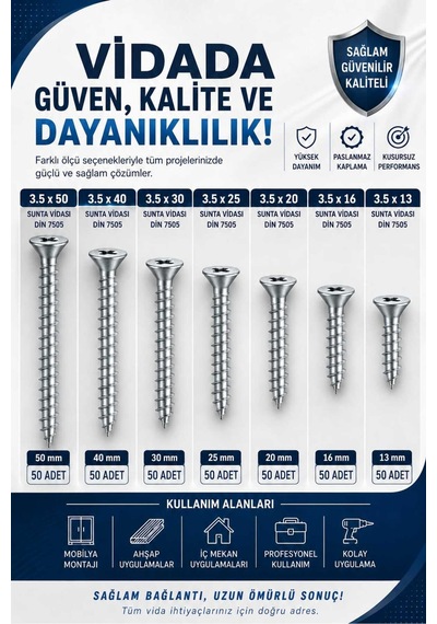 Sunta Vidası Seti 3.5 13 3.5 16 3,5 20 3,5 25 3,5 30 3,5 40 3,5 50 - 7parca 350pcs Diğer
