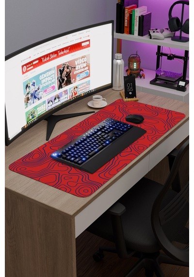 Kırmızı Lacivert 90x40 Taraftar Gaming Oyuncu Mouse Pad Kaymaz Taban Büyük Fare Altlığı Topography